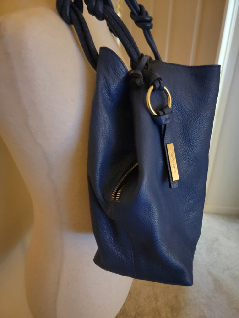 Vince Camuto Navy Pebbled Leather Hobo Shoulder Bag Knotted Strap Handbag - Picture 3 of 13
